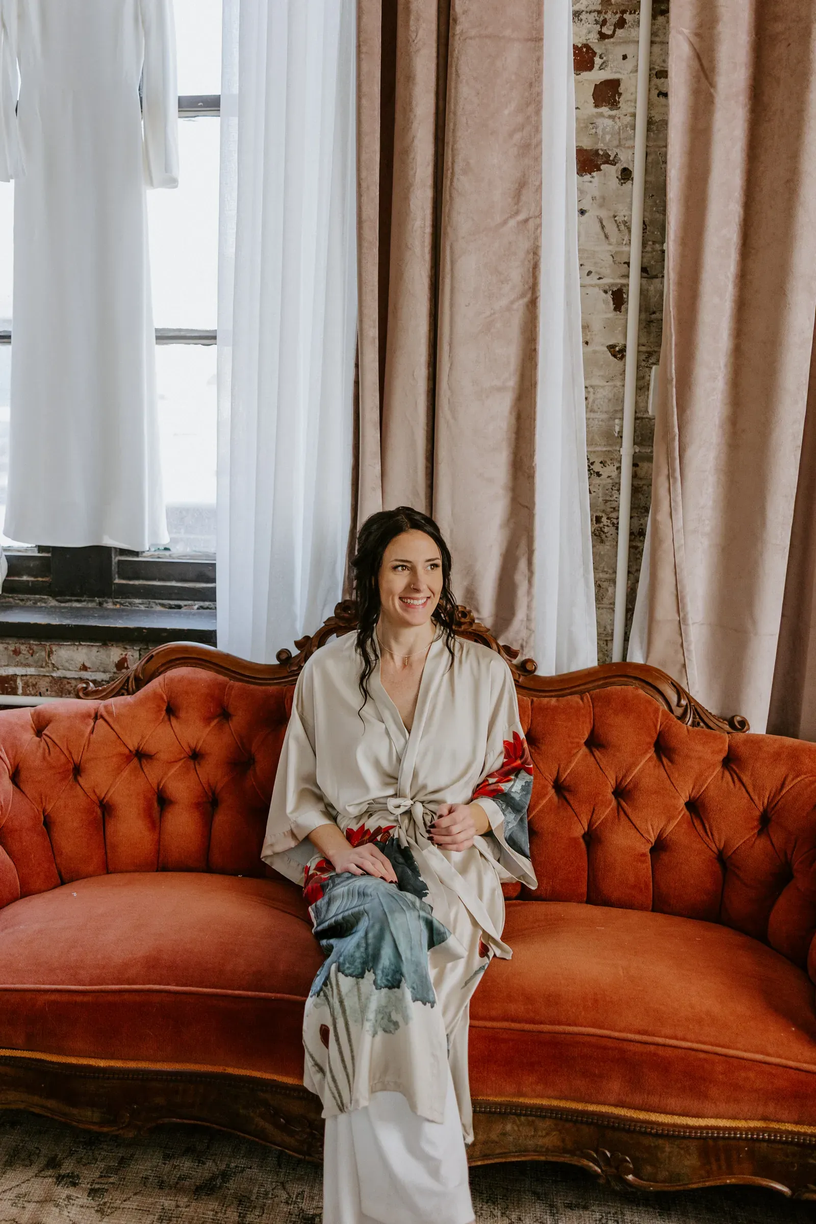 Vintage furniture and natural light in 24 Shelby's Rosewood bridal suite for an Indianapolis wedding morning