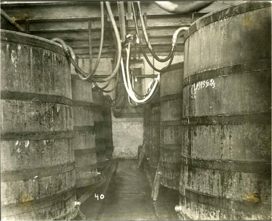 Interior of a turn-of-the-century Indianapolis brewery with oak barrels, early 1900s